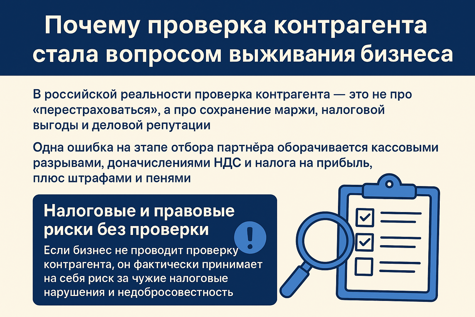 Инфографика о важности проверки контрагента: заголовок о выживании бизнеса, текст о налоговых и правовых рисках, синие блоки с информацией, пиктограммы чек-листа и лупы.