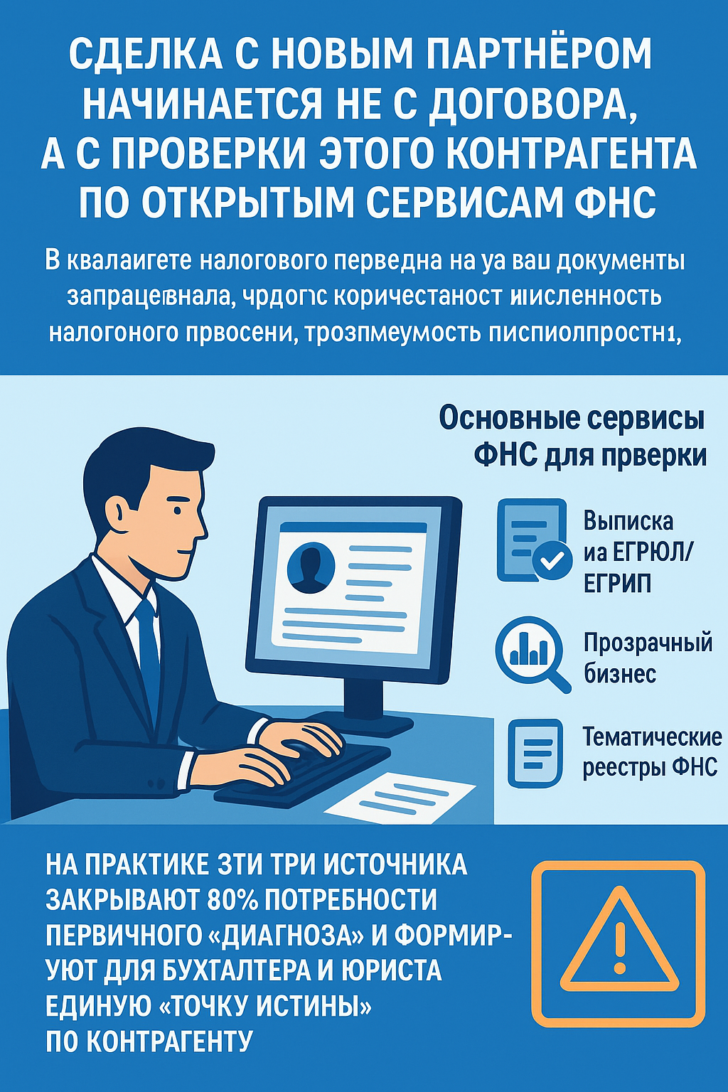 Инфографика о проверке контрагента по сервисам ФНС: заголовок о начале сделки с проверки, мужчина за компьютером изучает данные, справа перечислены сервисы ФНС — ЕГРЮЛ/ЕГРИП, “Прозрачный бизнес”, тематические реестры; внизу текст о значимости этих ис