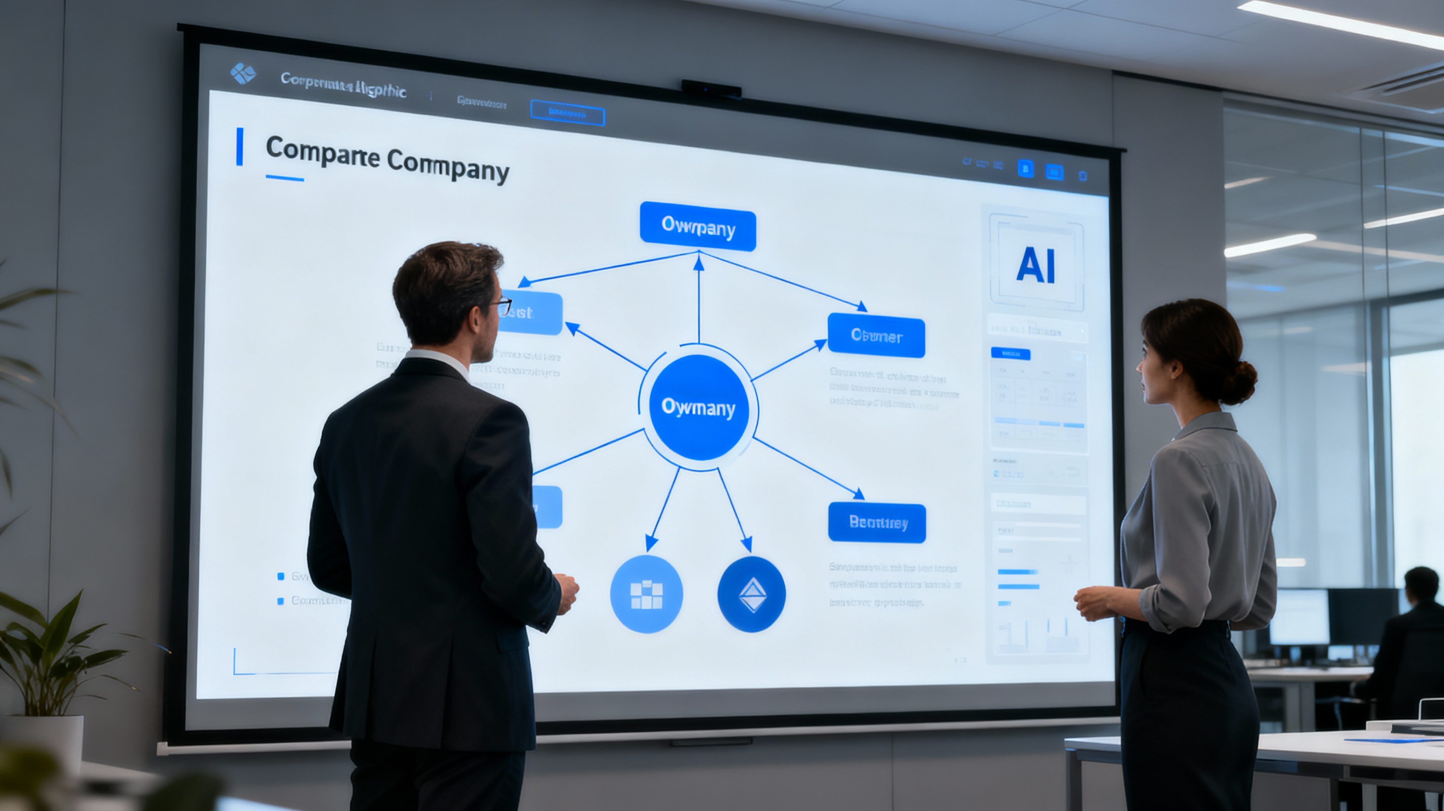 деловой мужчина и женщина анализируют структуру собственности компании на экране с диаграммой и ИИ-интерфейсом