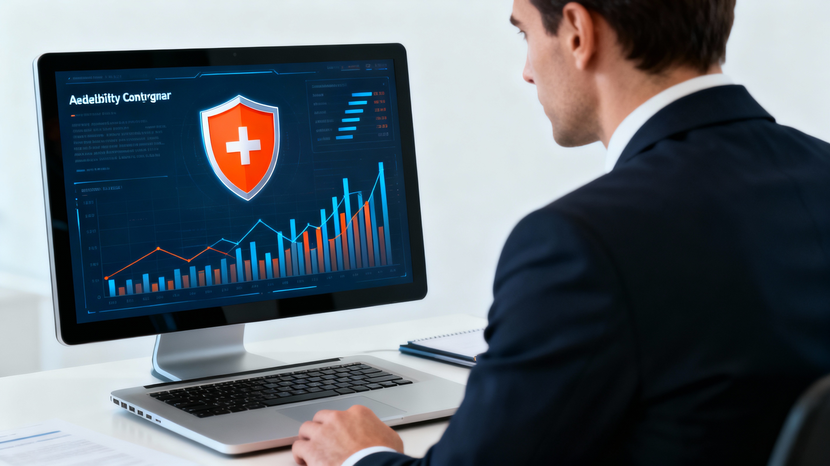 деловой предприниматель проверяет надежность контрагента на экране ноутбука с графиками и значком щита