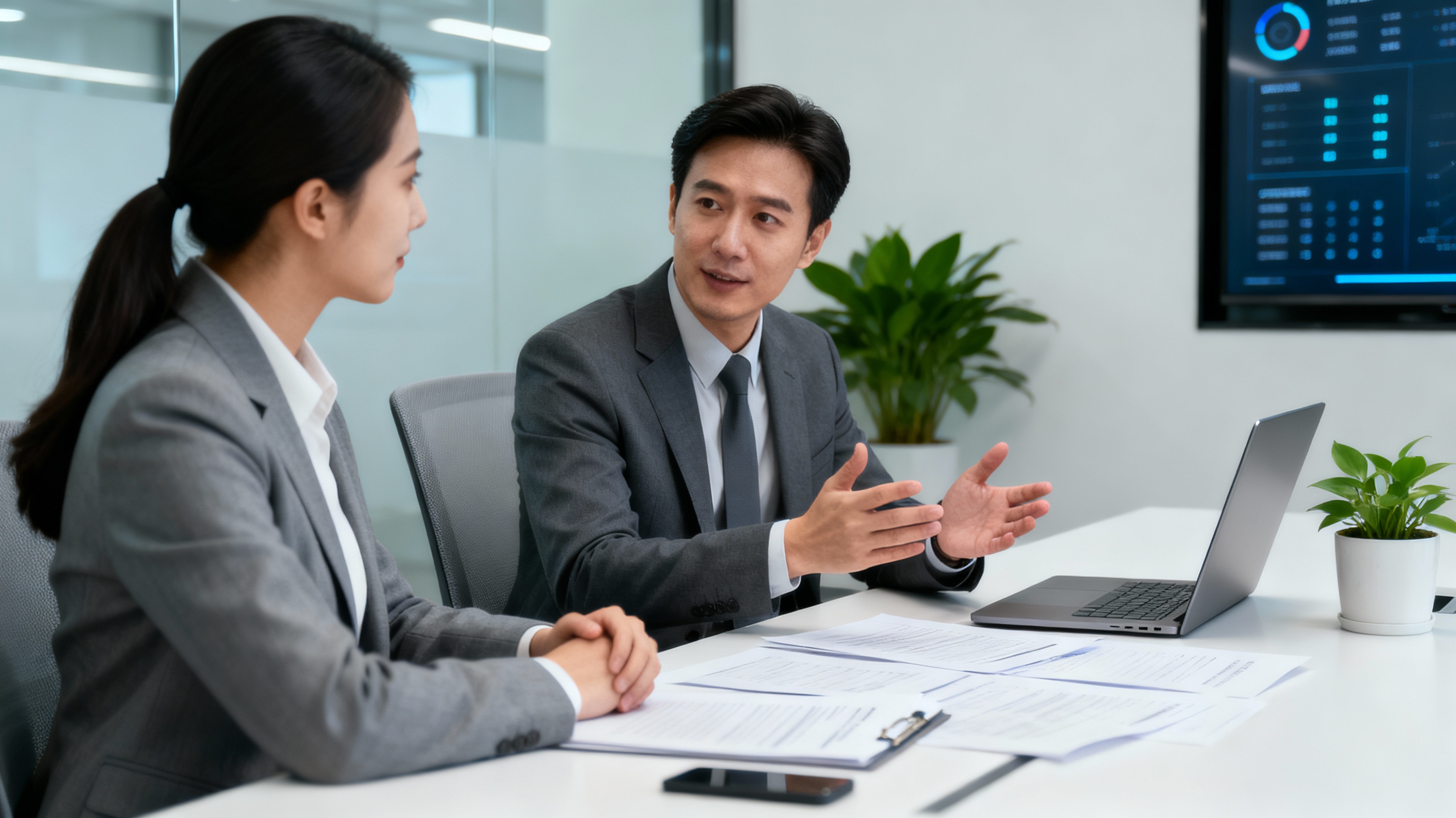 директор компании и предприниматель обсуждают проверку директора и риски в современном офисе, деловая сцена