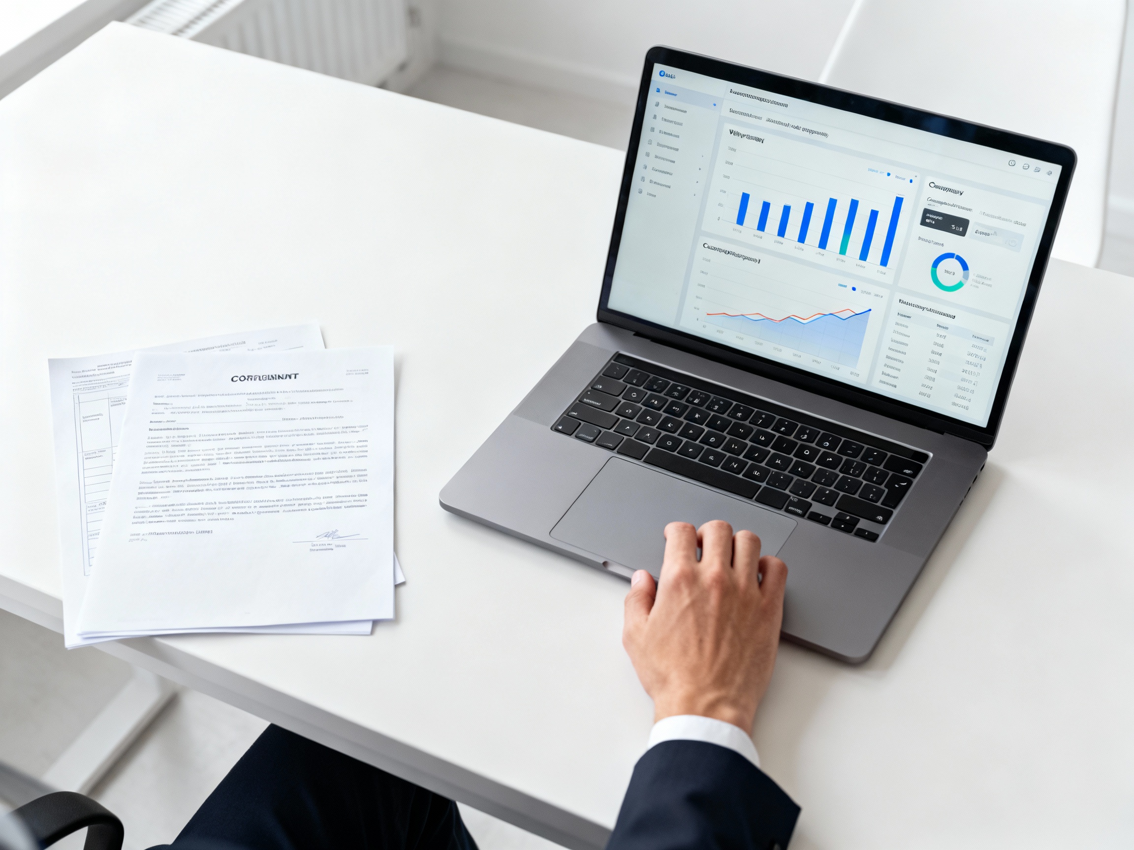 Минималистичный офисный стол с ноутбуком, на экране которого графики проверки компании, рядом лежат документы договора и рука аналитика без какого‑либо текста на изображении.