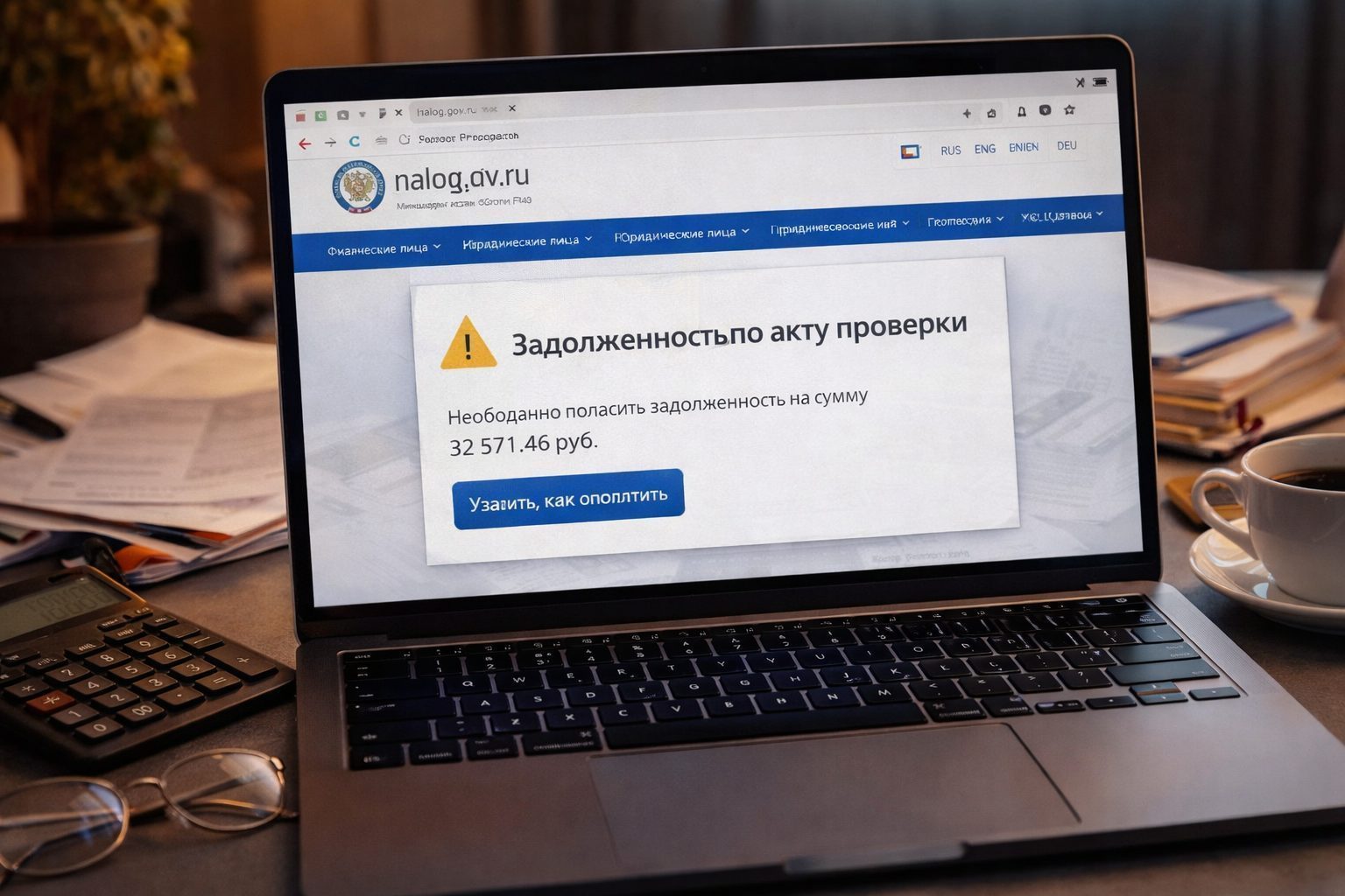 Ноутбук с открытым сайтом налоговой и уведомление о долге ИП, рядом калькулятор и кофе. Иллюстрация к статье о том, как закрыть ИП с задолженностью.