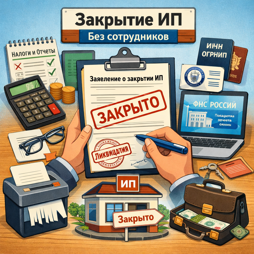 Инфографика: как правильно закрыть ИП без сотрудников — заявление, налоги и отчеты, отметка ФНС России.