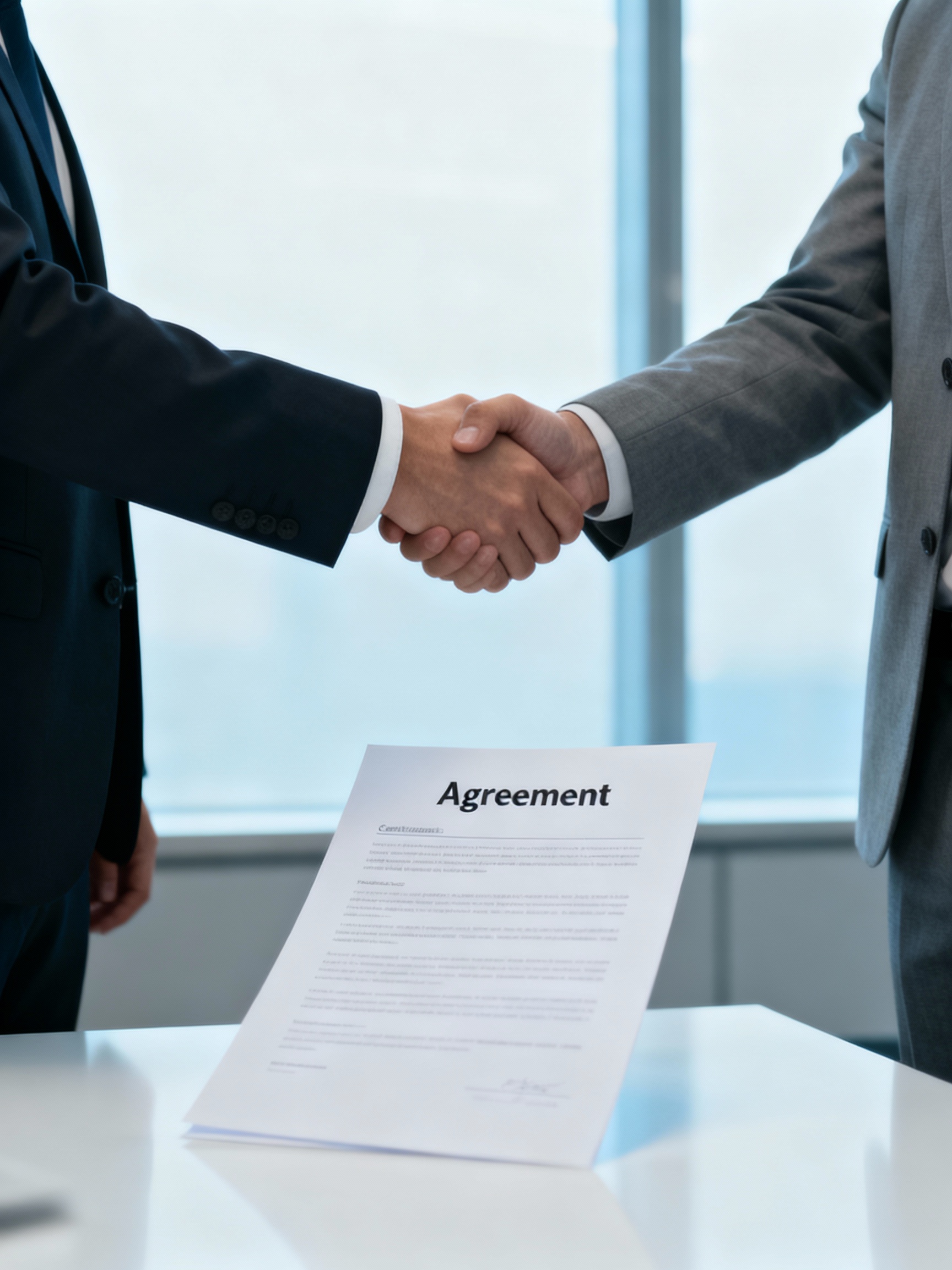 Деловые партнеры обмениваются рукопожатием над подписанным договором в современном офисе, символ сотрудничества и надежности контрагента