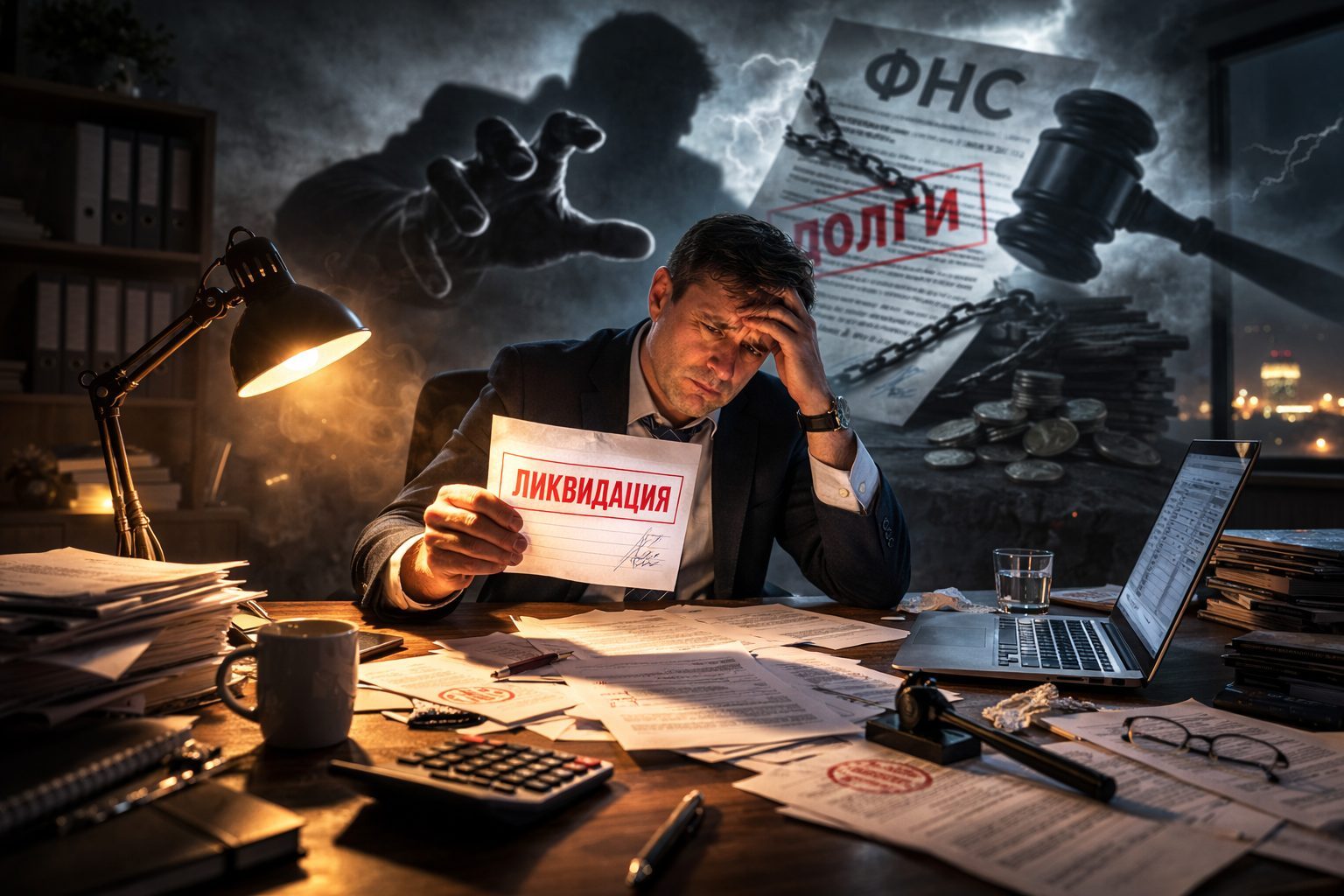 Бизнесмен изучает документы о ликвидации ООО в темном офисе