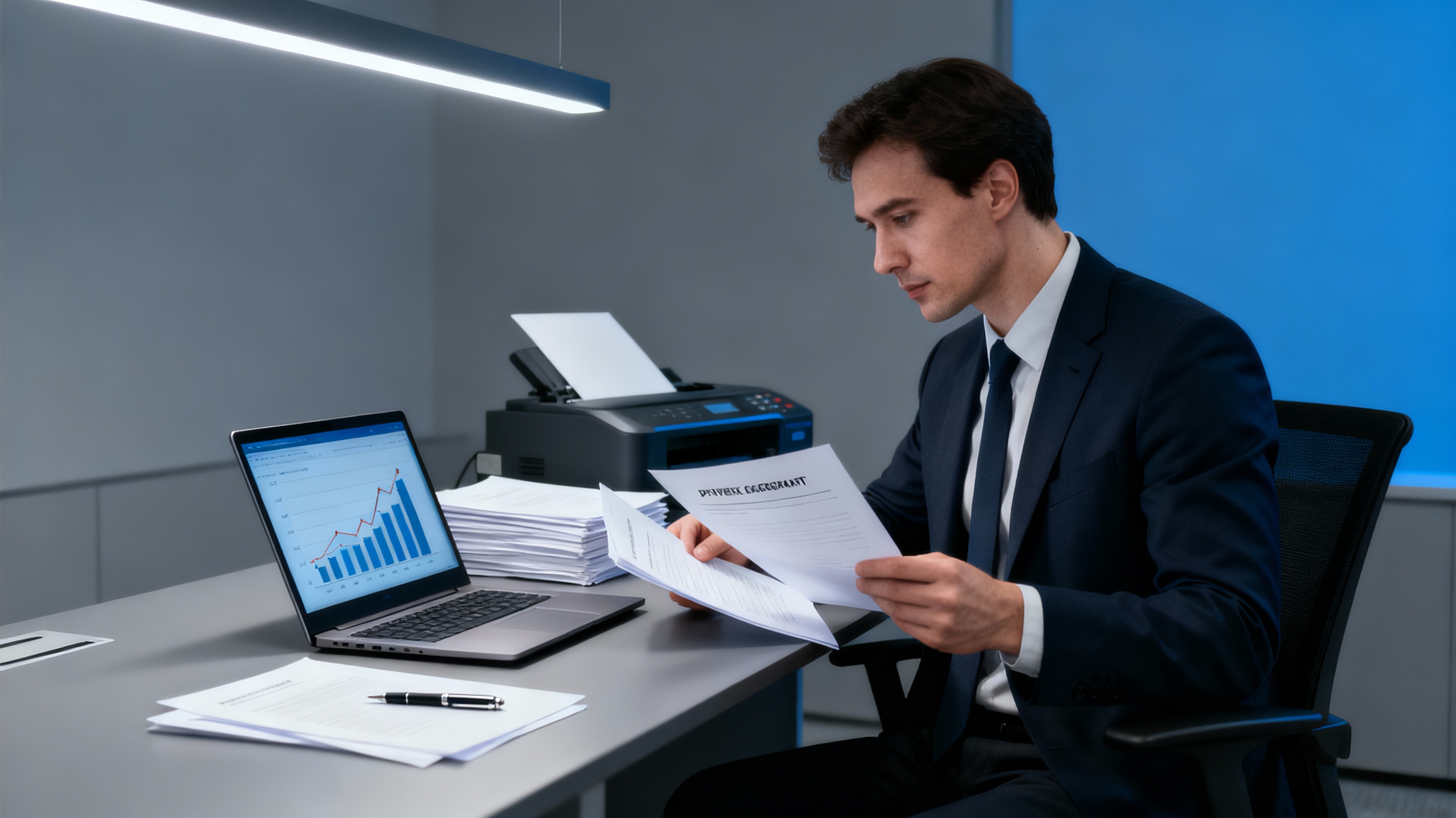 Деловой человек в современном офисе анализирует документы о проверке контрагента за ноутбуком, на столе лежат договоры, печать и ручка