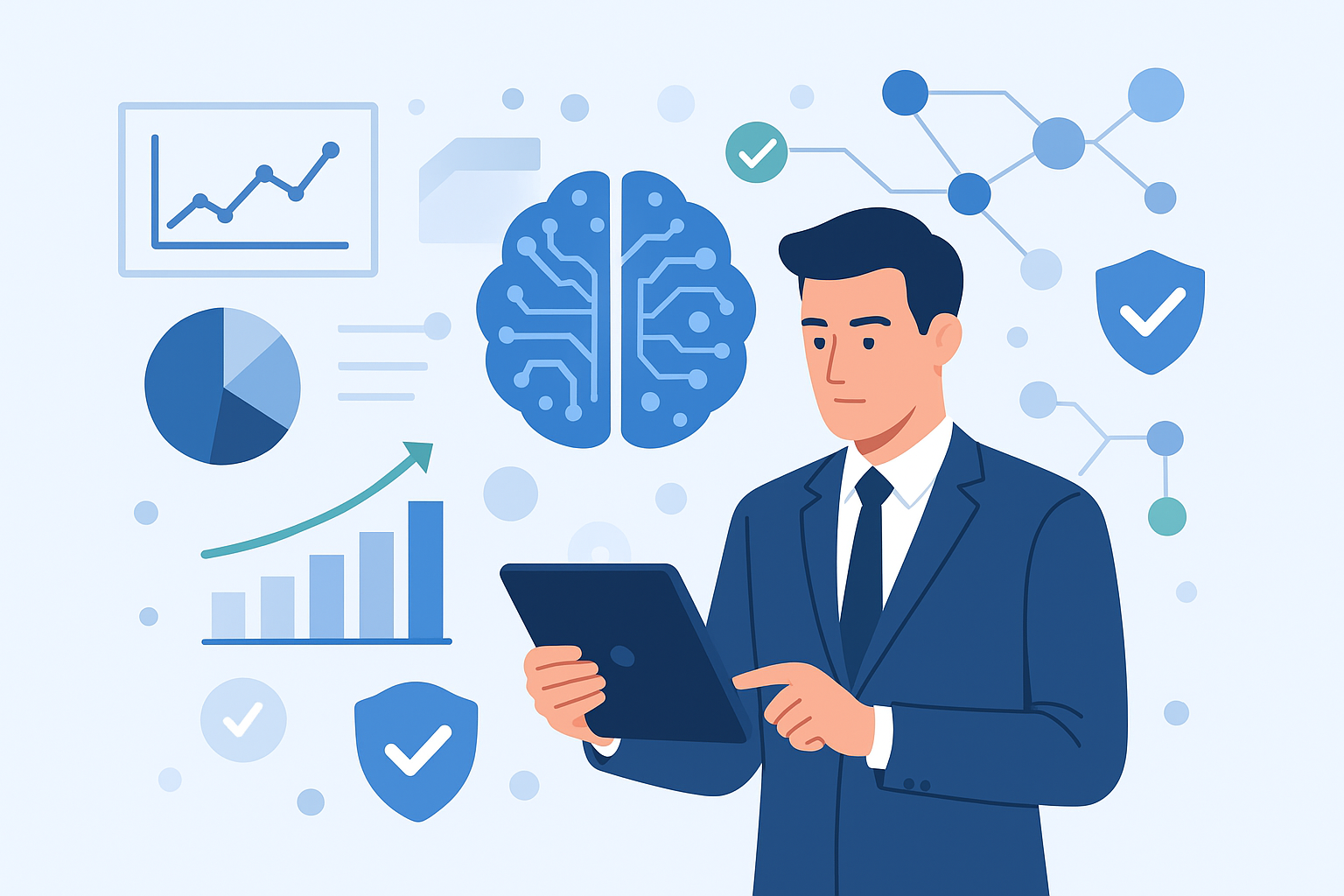 AI анализ надежности контрагента - бизнесмен изучает отчет с оценкой рисков на цифровом планшете. Визуализация проверки компаний с помощью искусственного интеллекта.