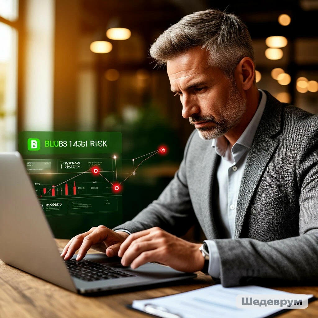 Бизнесмен проверяет контрагента через программу для проверки юридических лиц. На экране ноутбука — зелёный индикатор низкого риска, красный индикатор высокого риска и граф связей компаний с бенефициарами. Мужчина изучает договор на деревянном столе.