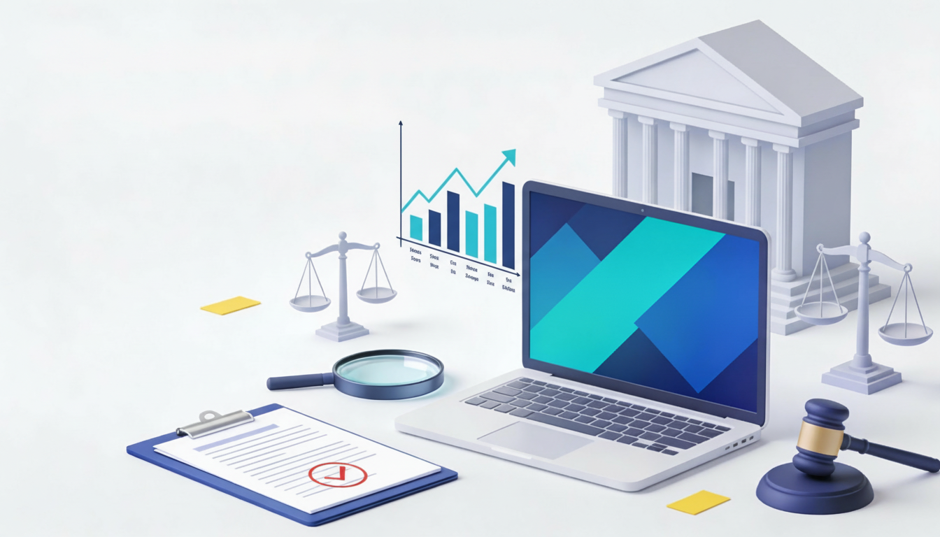 Иллюстрация в деловом стиле: ноутбук с абстрактным экраном поиска, лупа, папка документов и печать с галочкой; на фоне силуэт здания суда и график риска