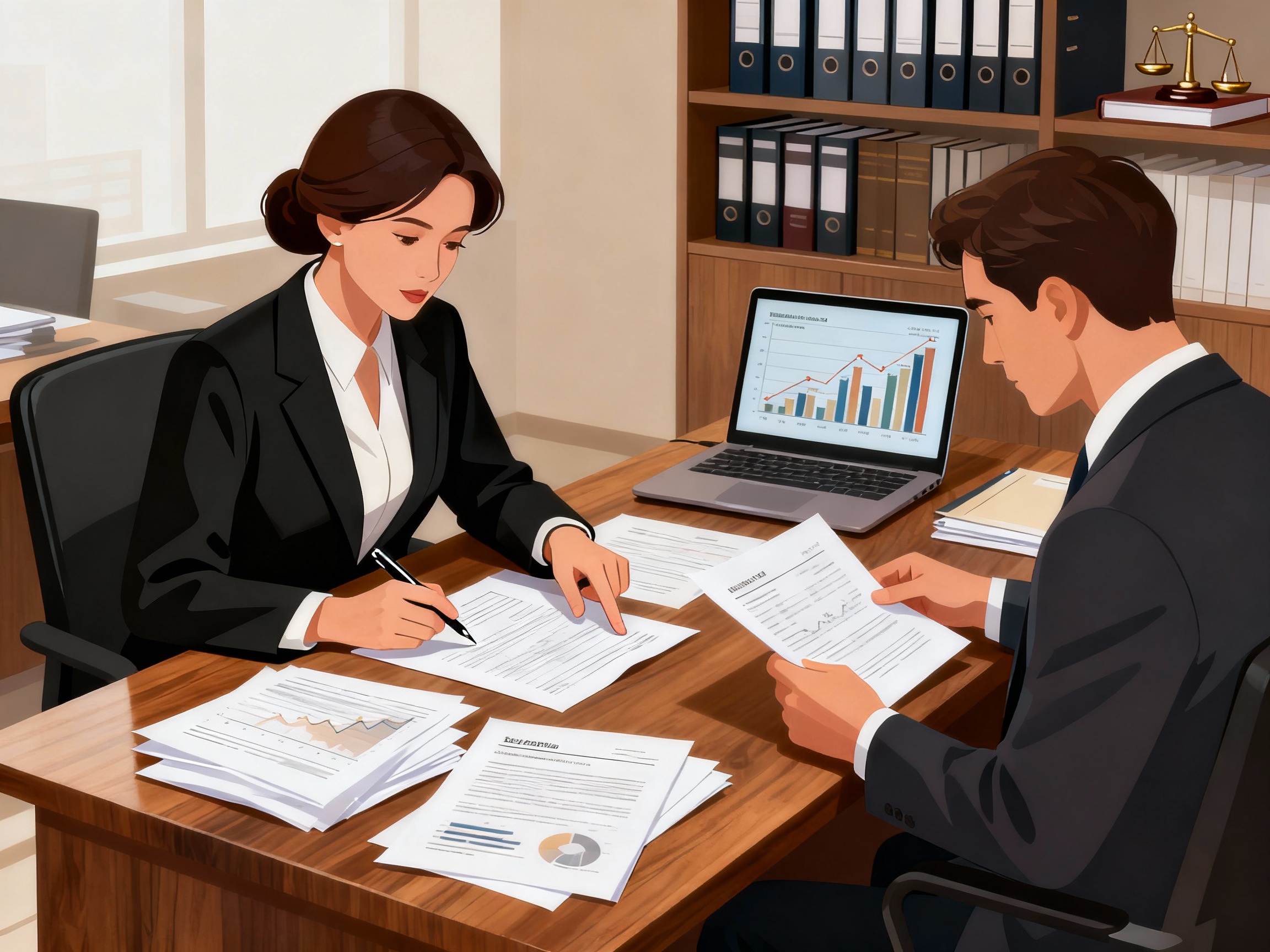 Предприниматель и юрист за столом изучают документы при юридическом due diligence компании перед сделкой покупки бизнеса